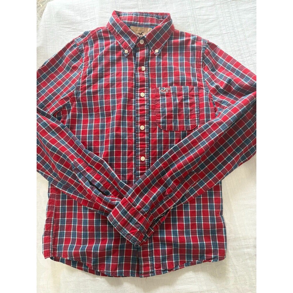 Hollister Mens M Red Blue Plaid Shirt Pacific Merchants 100% Cotton Button Down